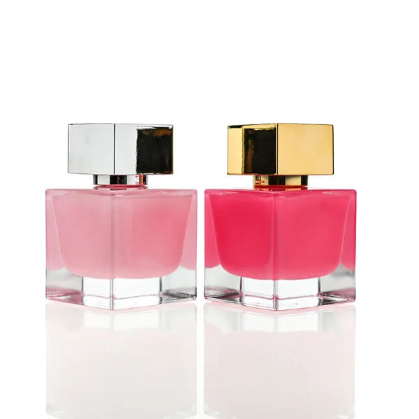 HUA0173 perfume bottle, square inner-printed glass body with customizable colors, 30 ml, 50 ml, or 100 ml liquid, geometric square plastic cap with customizable cap and neck ring colors, printed logo label, modern fashionable design, ideal for gifting and daily use.