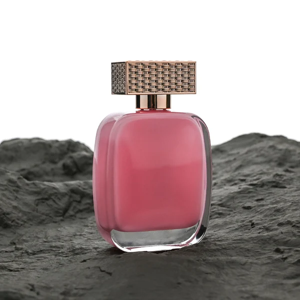 HUA0176 perfume bottle, rounded rectangular inner-printed glass body with customizable colors, 30 ml, 50 ml, or 100 ml liquid, textured rectangular plastic cap with woven-pattern surface and customizable cap and neck ring colors, modern fashionable elegant design, ideal for gifting and daily use.