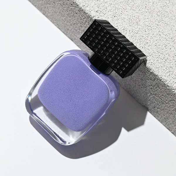 HUA0176 perfume bottle, rounded rectangular inner-printed glass body with customizable colors, 30 ml, 50 ml, or 100 ml liquid, textured rectangular plastic cap with woven-pattern surface and customizable cap and neck ring colors, modern fashionable elegant design, ideal for gifting and daily use.