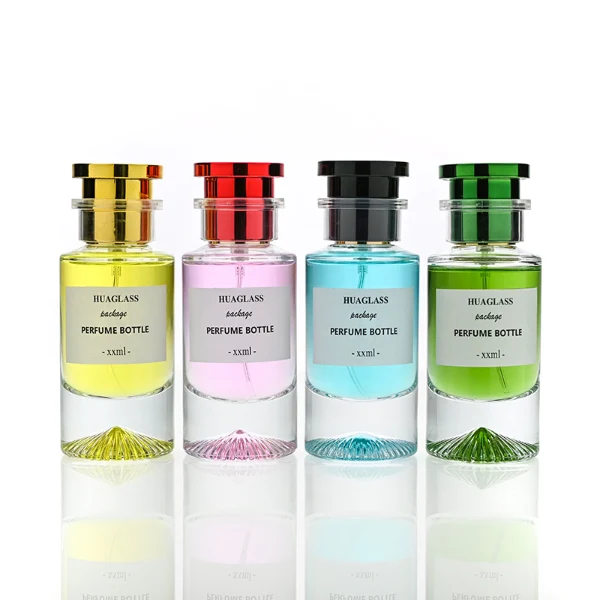 HUA0178 perfume bottle, cylindrical transparent glass body with embossed radial base pattern, 30 ml, 50 ml, or 100 ml liquid, stopper-style cylindrical plastic cap with customizable colors, printed logo label, modern luxury minimalist design, ideal for gifting and daily use.