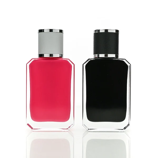 HUA0179 perfume bottle, hexagonal transparent glass body with beveled edges, 30 ml, 50 ml, or 100 ml liquid, cylindrical leather-wrapped cap with silver rings on both ends, customizable solid color finish, modern masculine luxury design, ideal for gifting and daily use.