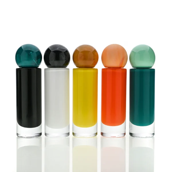 HUA0187 perfume bottle, cylindrical inner-printed glass body with customizable colors, 30 ml, 50 ml, or 100 ml liquid, faceted spherical resin cap with customizable colors, printed logo, modern artistic fashion design, ideal for gifting and daily use.