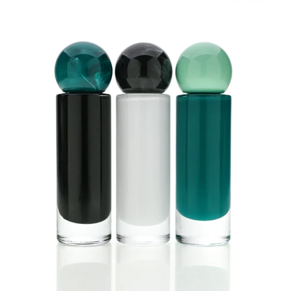 HUA0187 perfume bottle, cylindrical inner-printed glass body with customizable colors, 30 ml, 50 ml, or 100 ml liquid, faceted spherical resin cap with customizable colors, printed logo, modern artistic fashion design, ideal for gifting and daily use.