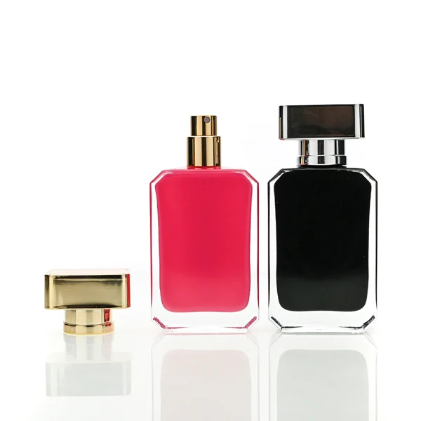 HUA0188 perfume bottle, rectangular inner-printed glass body with beveled edges, 30 ml, 50 ml, or 100 ml liquid, rectangular glossy plastic cap with gold or silver neck and customizable colors, printed logo with private imprint, modern minimalist luxury design, ideal for gifting and daily use.