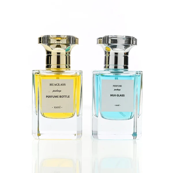 HUA0191 Perfume Bottle – Rectangular Transparent Glass with Funnel Shaped Plastic Cap in Customizable Color (Gold or Silver), Modern Premium Luxury Design, 50 ml (6)