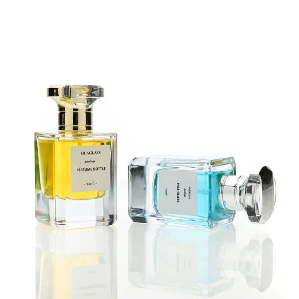 HUA0191 Perfume Bottle – Rectangular Transparent Glass with Funnel Shaped Plastic Cap in Customizable Color (Gold or Silver), Modern Premium Luxury Design, 50 ml (9)