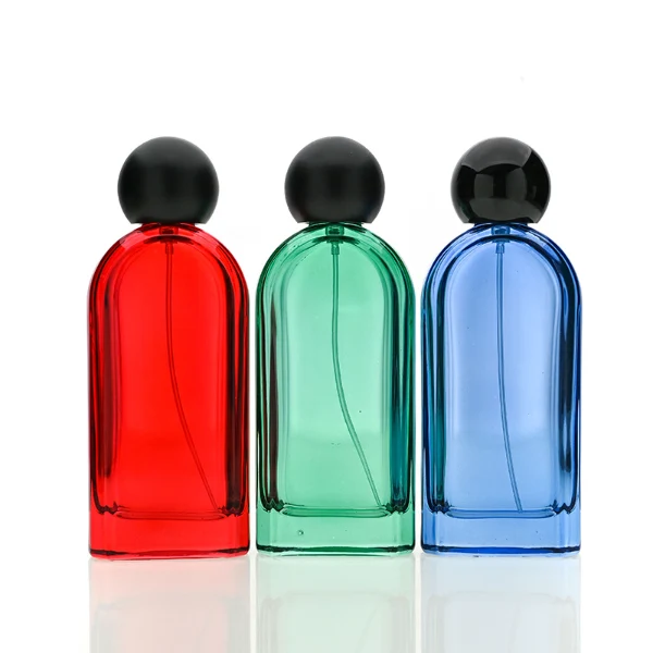 HUA0194 perfume bottle, rounded rectangular transparent glass body with customizable colors, 30 ml, 50 ml, or 100 ml liquid, black spherical plastic cap, private printed logo, modern minimalist design, ideal for gifting and daily use.