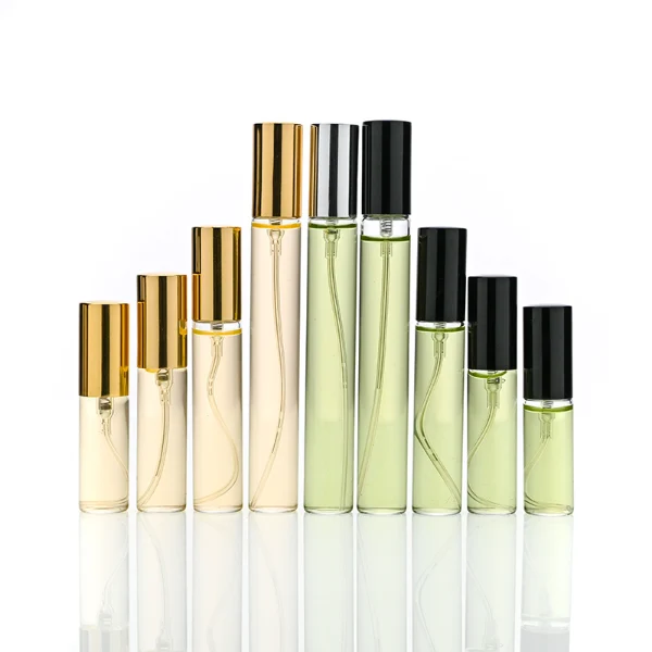 HUA0196 perfume bottle, slim cylindrical transparent glass body with private printed logo, 5 ml, 8 ml, 10 ml, or 15 ml liquid, aluminum spray cap, compact and practical design, ideal for travel and sample use.