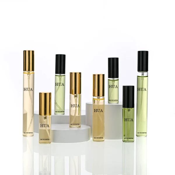 HUA0196 perfume bottle, slim cylindrical transparent glass body with private printed logo, 5 ml, 8 ml, 10 ml, or 15 ml liquid, aluminum spray cap, compact and practical design, ideal for travel and sample use.