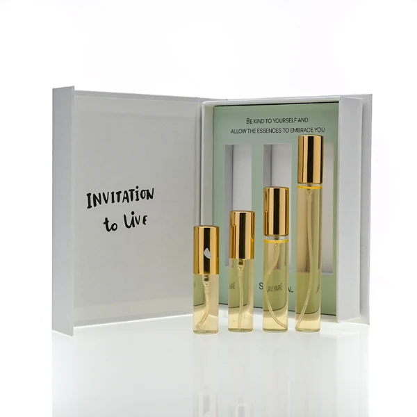 HUA0196 perfume bottle, slim cylindrical transparent glass body with private printed logo, 5 ml, 8 ml, 10 ml, or 15 ml liquid, aluminum spray cap, compact and practical design, ideal for travel and sample use.