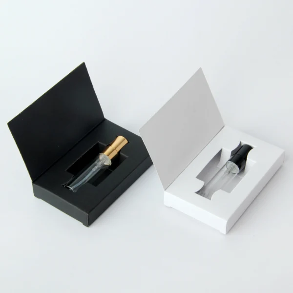 HUA0197 perfume bottle, slim cylindrical transparent glass body with 2 ml, 3 ml, 5 ml, or 10 ml liquid, black, gold, or silver aluminum spray cap with protective cover, compact and practical design, ideal for travel and sample use.