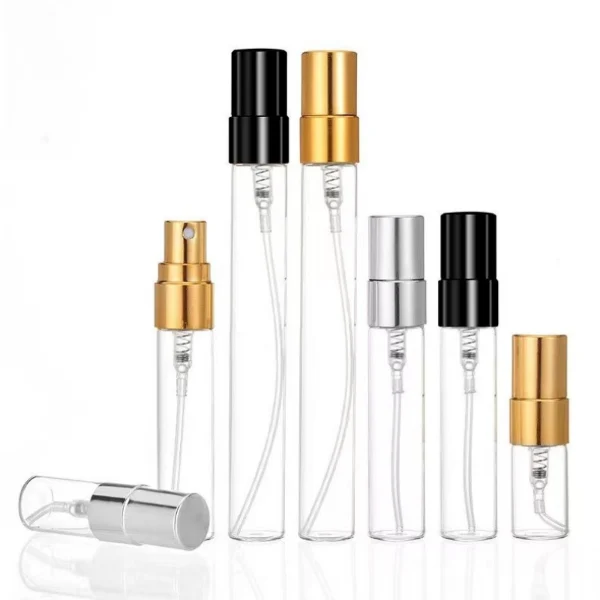 HUA0197 perfume bottle, slim cylindrical transparent glass body with 2 ml, 3 ml, 5 ml, or 10 ml liquid, black, gold, or silver aluminum spray cap with protective cover, compact and practical design, ideal for travel and sample use.