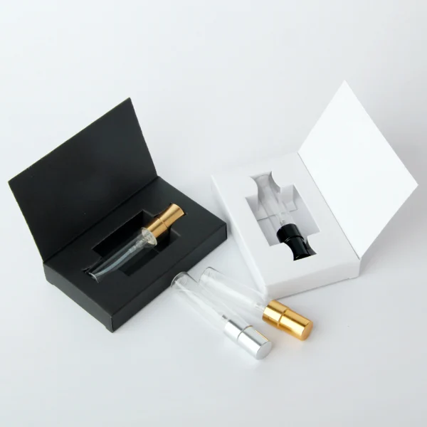 HUA0197 perfume bottle, slim cylindrical transparent glass body with 2 ml, 3 ml, 5 ml, or 10 ml liquid, black, gold, or silver aluminum spray cap with protective cover, compact and practical design, ideal for travel and sample use.