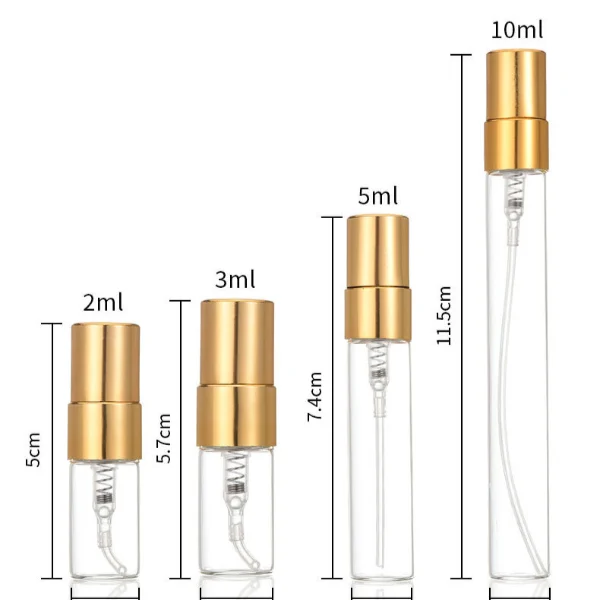 HUA0197 perfume bottle, slim cylindrical transparent glass body with 2 ml, 3 ml, 5 ml, or 10 ml liquid, black, gold, or silver aluminum spray cap with protective cover, compact and practical design, ideal for travel and sample use.