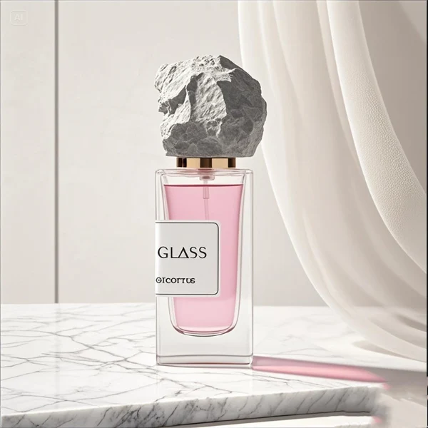 HUA0213 perfume bottle, rectangular transparent glass body with thick base, 30 ml, 50 ml, or 100 ml liquid, rough natural crystal stone cap with gold neck ring, brand label applied on the bottle surface, modern artistic luxury design, ideal for gifting and daily use.