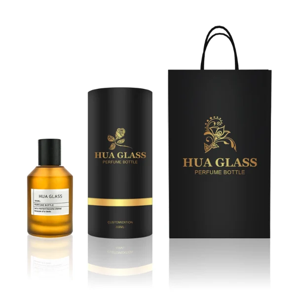 HUA0214 perfume bottle, cylindrical frosted glass body with thick base, 30 ml, 50 ml, or 100 ml liquid, removable cylindrical wooden cap with spray nozzle, brand label applied on the surface, modern minimalist luxury design, ideal for gifting and daily use.