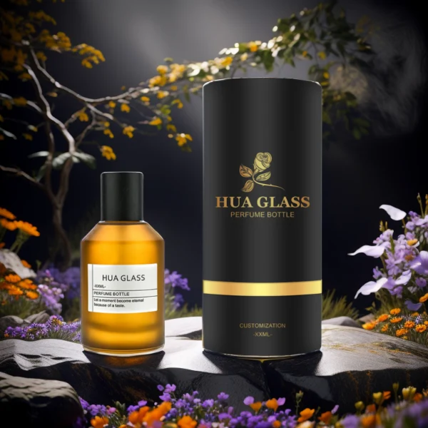 HUA0214 perfume bottle, cylindrical frosted glass body with thick base, 30 ml, 50 ml, or 100 ml liquid, removable cylindrical wooden cap with spray nozzle, brand label applied on the surface, modern minimalist luxury design, ideal for gifting and daily use.