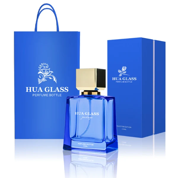 HUA0215 perfume bottle, square transparent glass body with thick base, 50 ml or 100 ml liquid, square plastic cap with customizable metallic finish, printed brand logo, modern minimalist luxury design, ideal for gifting and daily use.