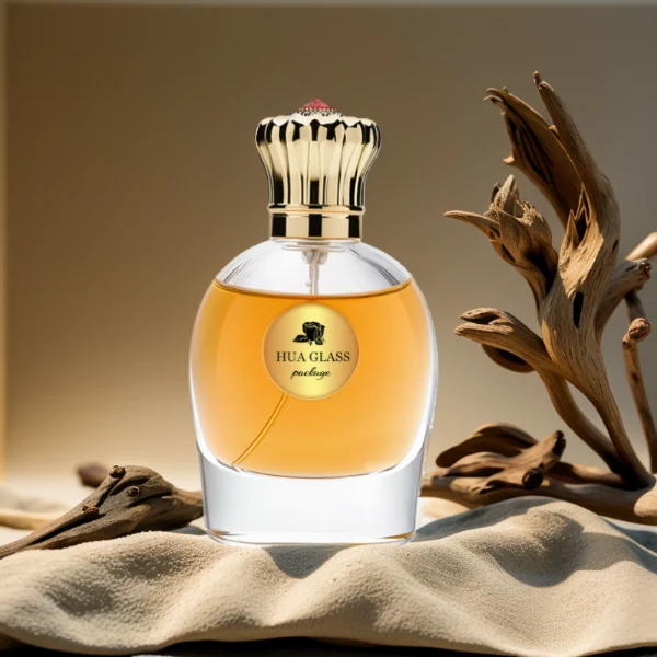 HUA0220 perfume bottle, rounded transparent glass body with thick base, 80 ml liquid, decorative Zamac cap with flat cylindrical top or petal-shaped dome top, brand label applied on bottle, modern luxurious fashion design, ideal for gifting and daily use.