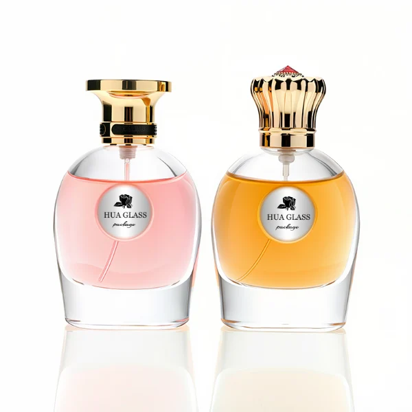 HUA0220 perfume bottle, rounded transparent glass body with thick base, 80 ml liquid, decorative Zamac cap with flat cylindrical top or petal-shaped dome top, brand label applied on bottle, modern luxurious fashion design, ideal for gifting and daily use.
