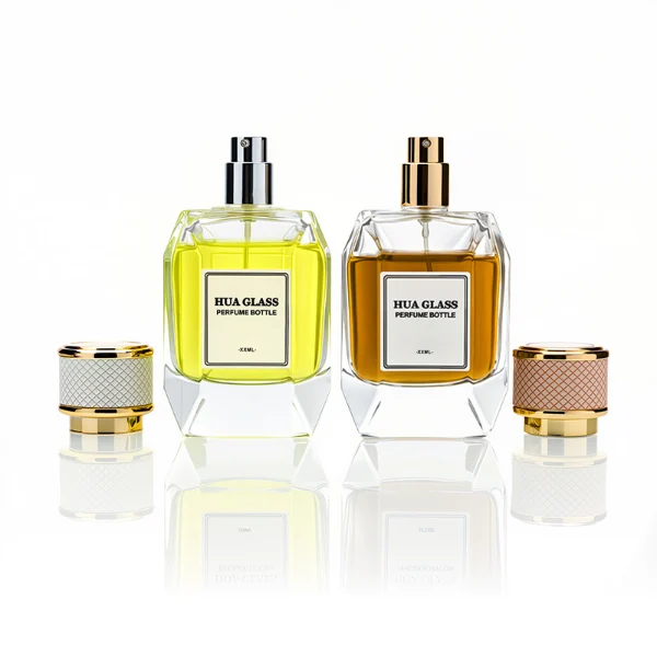 HUA0221 perfume bottle, square faceted transparent glass body with thick base, 100 ml liquid, cylindrical plastic cap wrapped with leather, textured grid pattern, gold-colored neck, brand label applied on bottle, modern luxurious fashion design, ideal for gifting and daily use.