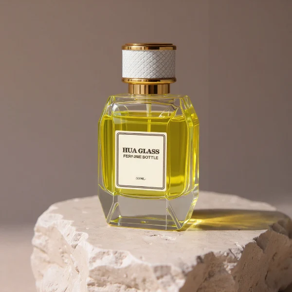 HUA0221 perfume bottle, square faceted transparent glass body with thick base, 100 ml liquid, cylindrical plastic cap wrapped with leather, textured grid pattern, gold-colored neck, brand label applied on bottle, modern luxurious fashion design, ideal for gifting and daily use.