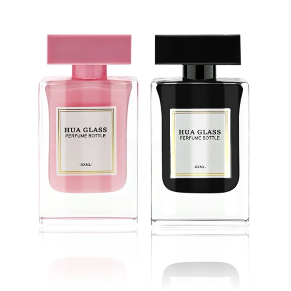 HUA0223 perfume bottle, rectangular inner-sprayed glass body with thick base, 30 ml, 50 ml, or 100 ml liquid (pink or black), rectangular flat plastic cap, brand label applied on bottle, modern luxurious fashion design, ideal for gifting and daily use.