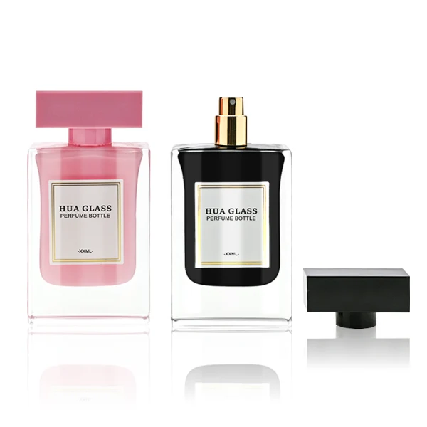 HUA0223 perfume bottle, rectangular inner-sprayed glass body with thick base, 30 ml, 50 ml, or 100 ml liquid (pink or black), rectangular flat plastic cap, brand label applied on bottle, modern luxurious fashion design, ideal for gifting and daily use.