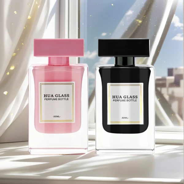 HUA0223 perfume bottle, rectangular inner-sprayed glass body with thick base, 30 ml, 50 ml, or 100 ml liquid (pink or black), rectangular flat plastic cap, brand label applied on bottle, modern luxurious fashion design, ideal for gifting and daily use.