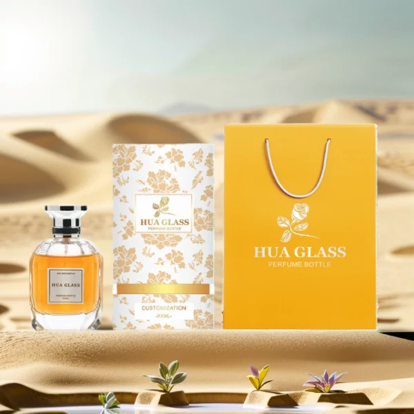 HUA0224 perfume bottle, multifaceted transparent glass body with thick base, 100 ml liquid, cylindrical plastic cap with slightly flared flat top and gold or silver neck ring, brand label applied on bottle, modern luxurious fashion design, ideal for gifting and daily use.