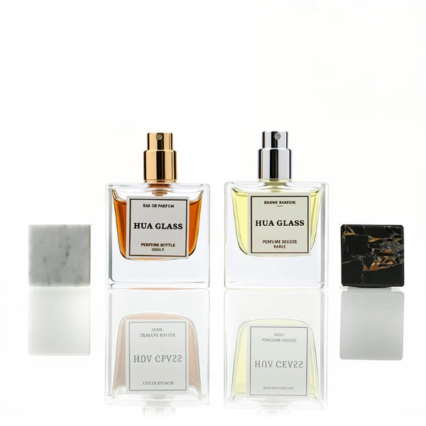 HUA0226 perfume bottle, square transparent glass body with thick base, 30 ml, 50 ml, or 100 ml liquid, square natural stone cap with customizable color and organic stone texture, brand label applied on bottle, modern luxurious fashion design, ideal for gifting and daily use.