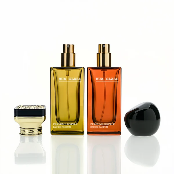 HUA0227 perfume bottle collection, rectangular glass bottles with customizable transparent, colored, or gradient finish, 30 ml, 50 ml, or 100 ml liquid, four distinct plastic cap styles including geometric, square cylindrical, rounded, and metallic square designs, modern luxurious fashion style, ideal for gifting and daily use.