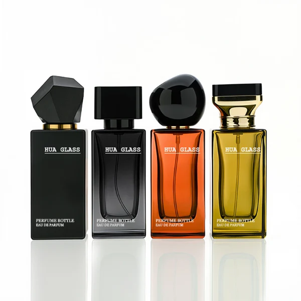 HUA0227 perfume bottle collection, rectangular glass bottles with customizable transparent, colored, or gradient finish, 30 ml, 50 ml, or 100 ml liquid, four distinct plastic cap styles including geometric, square cylindrical, rounded, and metallic square designs, modern luxurious fashion style, ideal for gifting and daily use.