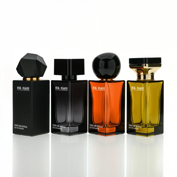 HUA0227 perfume bottle collection, rectangular glass bottles with customizable transparent, colored, or gradient finish, 30 ml, 50 ml, or 100 ml liquid, four distinct plastic cap styles including geometric, square cylindrical, rounded, and metallic square designs, modern luxurious fashion style, ideal for gifting and daily use.