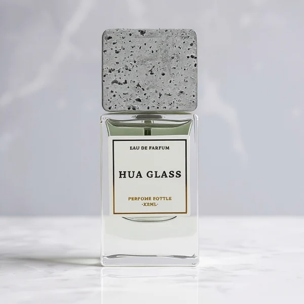 HUA0230 perfume bottle, rectangular transparent glass body with thick base, 30 ml, 50 ml, or 100 ml liquid, square artificial stone cap with natural texture, brand label applied on bottle, modern luxurious fashion design, ideal for gifting and daily use.