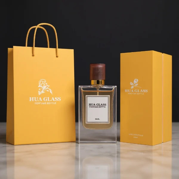 HUA0231 perfume bottle, rectangular transparent glass body with thick base, 30 ml, 50 ml, or 100 ml liquid, irregular natural stone cap with gold neck, brand label applied on bottle, modern luxurious fashion design, ideal for gifting and daily use.
