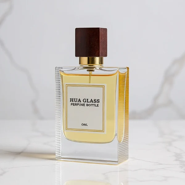 HUA0231 perfume bottle, rectangular transparent glass body with thick base, 30 ml, 50 ml, or 100 ml liquid, irregular natural stone cap with gold neck, brand label applied on bottle, modern luxurious fashion design, ideal for gifting and daily use.