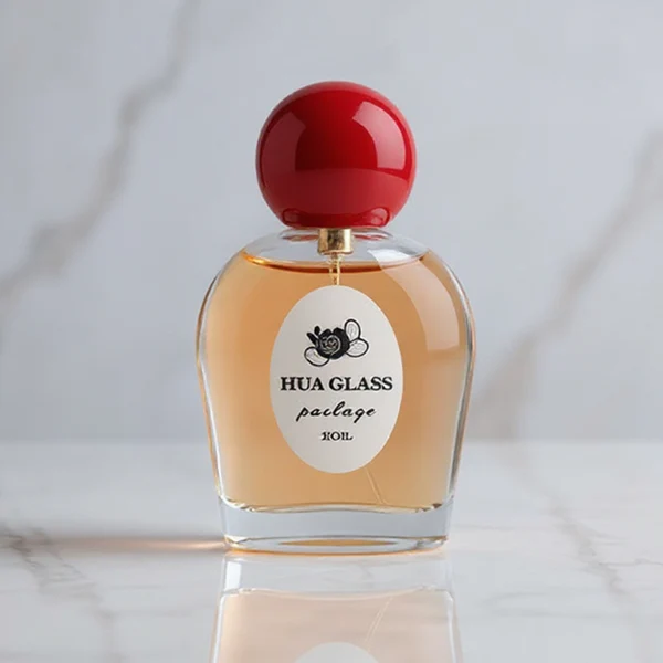 HUA0232 perfume bottle, flattened oval transparent glass body with thick base, high-gloss finish, smooth rounded contours, 50 ml liquid, spherical plastic cap in customizable colors, brand label applied on bottle, modern playful design, ideal for gifting and daily use.