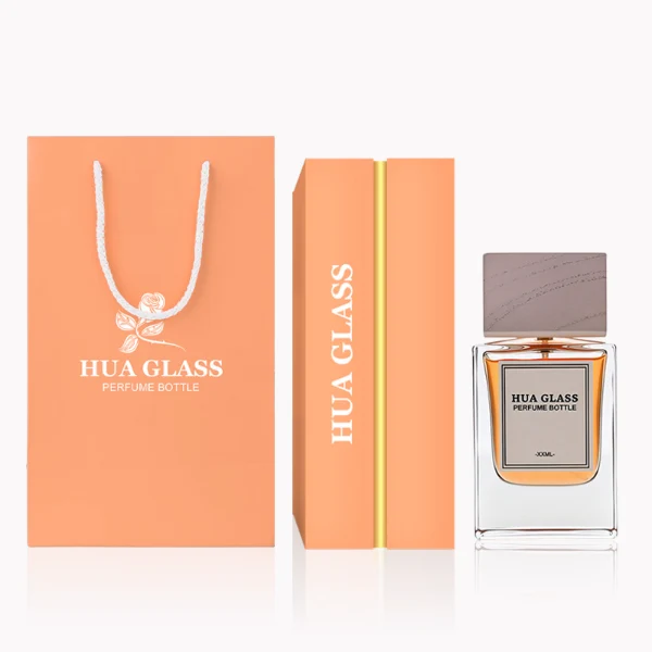 HUA0233 perfume bottle, square transparent glass body with thick base, 50 ml liquid, square wooden cap with natural wood texture, brand label applied on bottle, modern luxurious design, ideal for gifting and daily use.