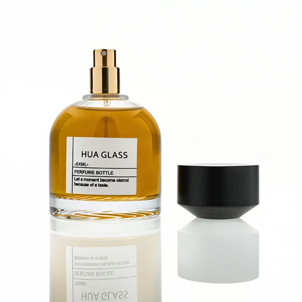 HUA0234 perfume bottle, flattened oval transparent glass body with thick base and smooth rounded contours, 30 ml, 50 ml, or 100 ml liquid, cylindrical plastic cap with flat top, brand label applied on bottle, modern luxurious design, ideal for gifting and daily use.