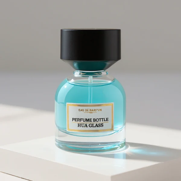 HUA0234 perfume bottle, flattened oval transparent glass body with thick base and smooth rounded contours, 30 ml, 50 ml, or 100 ml liquid, cylindrical plastic cap with flat top, brand label applied on bottle, modern luxurious design, ideal for gifting and daily use.