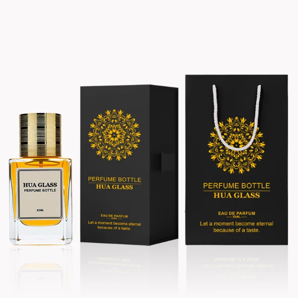 HUA0235 perfume bottle, square transparent glass body with thick base, 30 ml, 50 ml, or 100 ml liquid, cylindrical plastic cap with side threading and metallic finish in gold, black, or silver, brand label applied on bottle, modern luxurious design, ideal for gifting and daily use.
