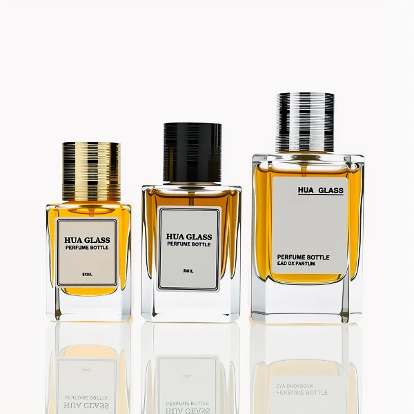 HUA0235 perfume bottle, square transparent glass body with thick base, 30 ml, 50 ml, or 100 ml liquid, cylindrical plastic cap with side threading and metallic finish in gold, black, or silver, brand label applied on bottle, modern luxurious design, ideal for gifting and daily use.