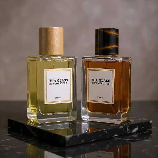 HUA0236 perfume bottle, square transparent glass body with thick base, 100 ml liquid, cylindrical natural stone cap, brand label applied on bottle, modern luxurious design, ideal for gifting and daily use.