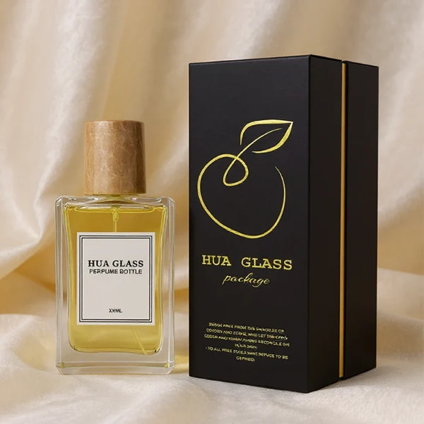 HUA0236 perfume bottle, square transparent glass body with thick base, 100 ml liquid, cylindrical natural stone cap, brand label applied on bottle, modern luxurious design, ideal for gifting and daily use.