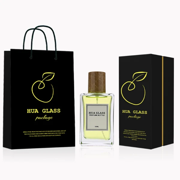 HUA0236 perfume bottle, square transparent glass body with thick base, 100 ml liquid, cylindrical natural stone cap, brand label applied on bottle, modern luxurious design, ideal for gifting and daily use.