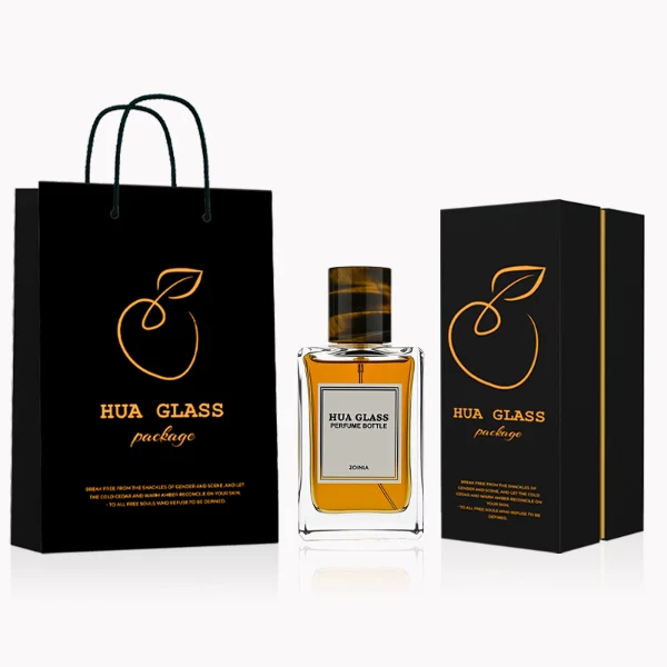 HUA0236 perfume bottle, square transparent glass body with thick base, 100 ml liquid, cylindrical natural stone cap, brand label applied on bottle, modern luxurious design, ideal for gifting and daily use.