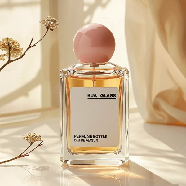 HUA0237 perfume bottle, square transparent glass body with thick base, 50 ml, 70 ml, or 100 ml liquid, spherical plastic cap, customizable, brand label applied on bottle, modern luxurious design, ideal for gifting and daily use.