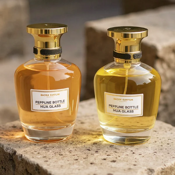 HUA0238 perfume bottle, kettle-shaped transparent glass body with thick base, 100 ml liquid, flat cylindrical metallic cap, top flat, bottom fitting the bottle neck, brand label applied on bottle, modern luxurious design, ideal for gifting and daily use.