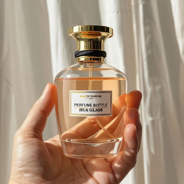 HUA0238 perfume bottle, kettle-shaped transparent glass body with thick base, 100 ml liquid, flat cylindrical metallic cap, top flat, bottom fitting the bottle neck, brand label applied on bottle, modern luxurious design, ideal for gifting and daily use.